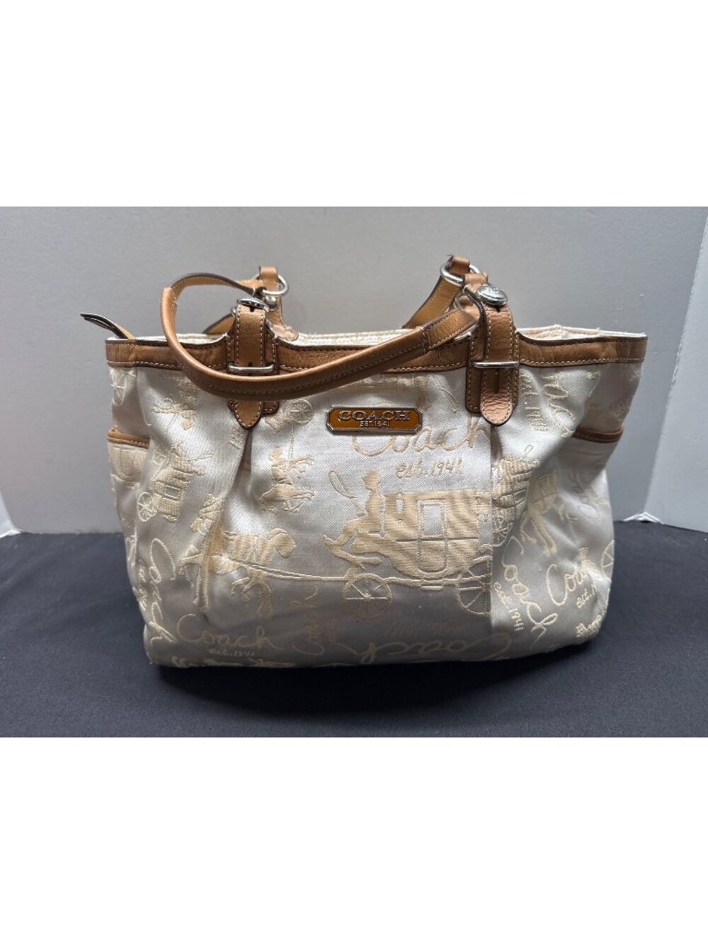 Coach 2010 Beige Jacquard Tote Bag Leather Trim Pink Interior Embossed Coach Car